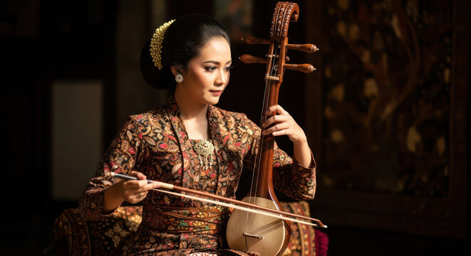 Woman Portrait Plays Javanese Musical Instrument Rebab