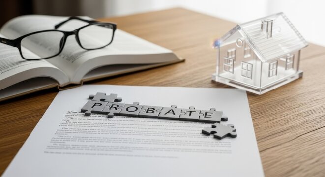 Probate legal document with scattered puzzle pieces, spectacles, and a miniature house on a desk
