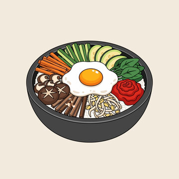 A vibrant and appetizing illustration of a traditional Korean bibimbap dish in a stone bowl.
