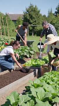 Neighbors tending a community garden &mdash; growing together, vertical footage