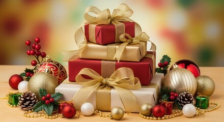 Obraz premium Festive Christmas gifts and ornaments arranged in a beautiful holiday display