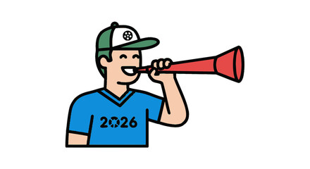 Fototapeta premium Man blowing vuvuzela at sports event, cheering fan with 2026 jersey and cap