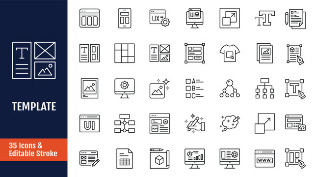 Minimalist Template icons set. Outline icon with Editable stroke. Vector illustration