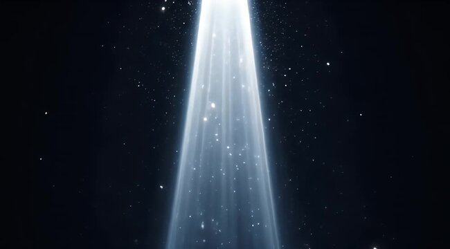 Powerful luminous beam shoots upwards amidst shimmering dust particles in a dark void