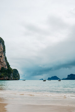Long tail boats on the Andaman Sea at Railay West Beach in Krabi