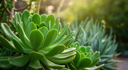 Vibrant green succulent plants with lush foliage growing in a sun-drenched garden setting