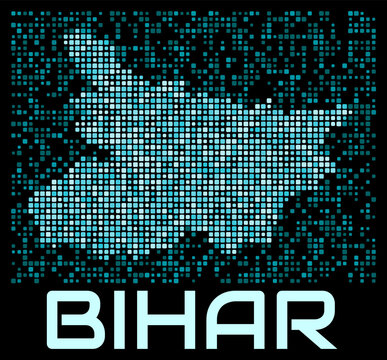 Bihar, India digital dotted map. Shape of the state in cyan color palette on dark background. Futuristic Bihar, India map design. Vector illustration.