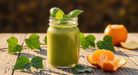 Fototapeta premium Vibrant Green Smoothie in a Transparent Mason Jar Garnished with Basil Outdoors