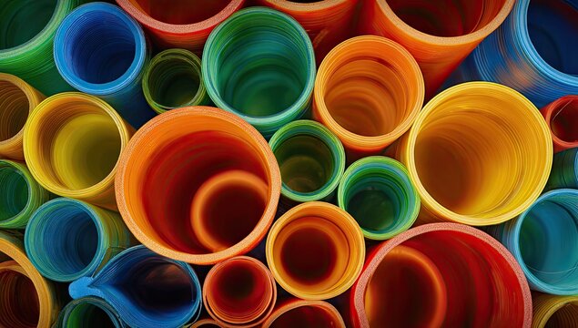 Colorful abstract close-up of various sized hollow cylindrical objects