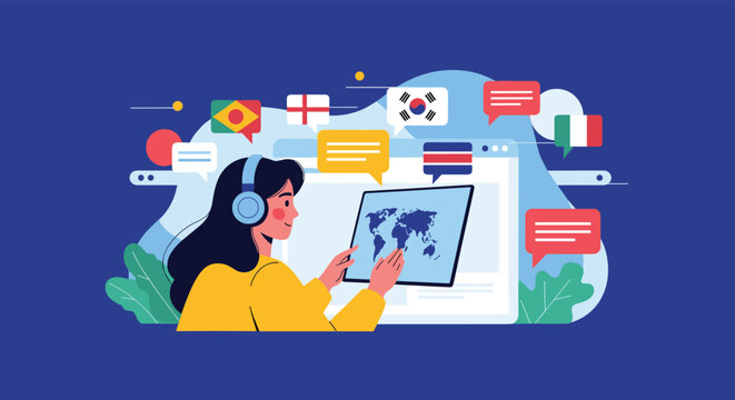 Woman wearing headphones interacting with digital world map on screen surrounded by international flags and communication icons.