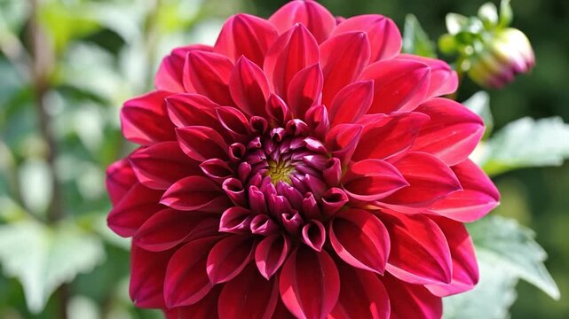 Vibrant red dahlia flower blooming beautifully in a lush green garden on