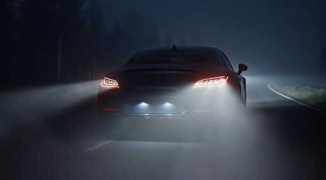 Rear view of a dark sleek car, red taillights and bright headlights illuminate night fog