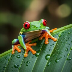 Fototapeta premium Red Eyed Tree Frog on Wet Leaf.
