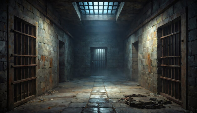 Dark medieval prison corridor with iron bars and light from ceiling
