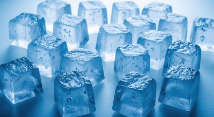 Obraz premium Numerous clear, rough-textured ice cubes arranged in a cool blue light, representing refreshing coldness and clear drinks