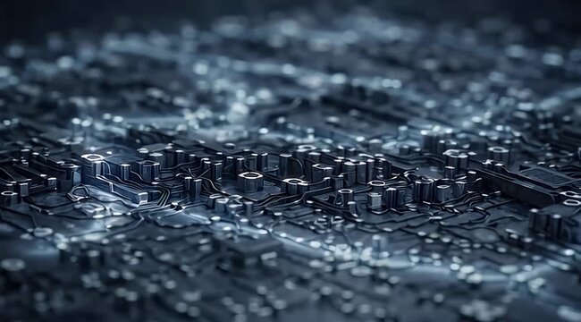 High-tech dark circuit with intricate, glowing pathways and reflective metallic structures