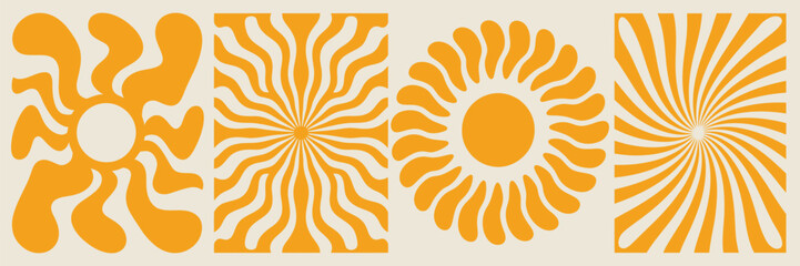Naklejka premium A collection of four retro groovy sunburst designs featuring orange wavy rays radiating from central sun circles on beige backgrounds. 
