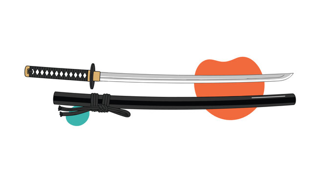 Traditional japanese katana sword with a black scabbard shown against a minimalist background with colorful abstract shapes.