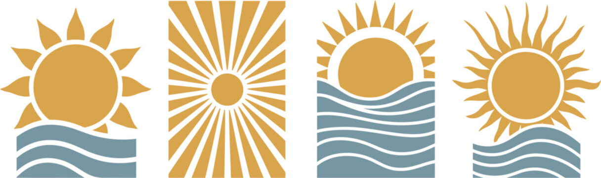  vertical vector banners featuring abstract sun and ocean wave illustrations in a modern retro bohemian sunburst design style.
