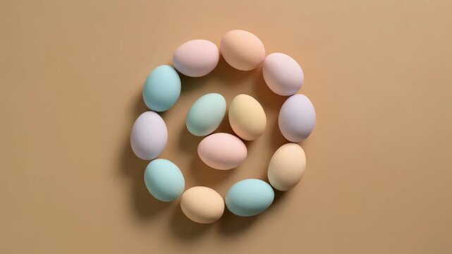 Colorful Pastel Easter Eggs Arranged in Circle Flat Lay Top View