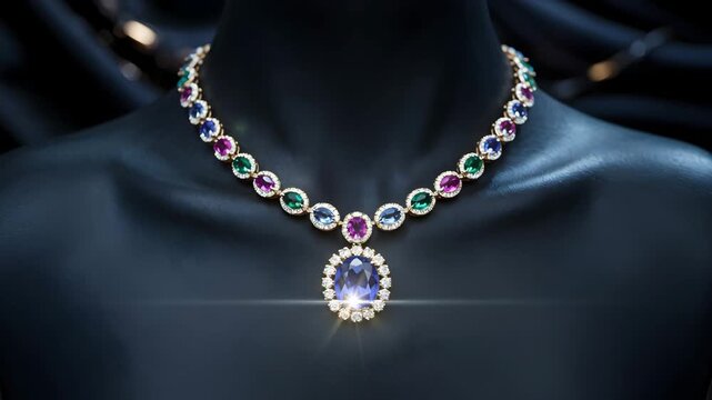 Luxury jewelry necklace showcased on black velvet drape highlighting diamonds emeralds rubies 4K Ai HD high quality video.