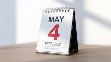 Desk calendar with May 4th Monday bank holiday displayed on a wooden surface