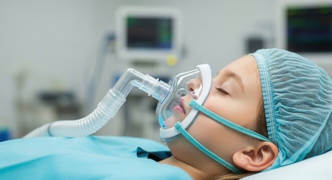 Pediatric patient child girl lying in surgery room under anesthesia with oxygen mask. Intensive care, medical ventilation and surgical operation in hospital with blurred monitors.