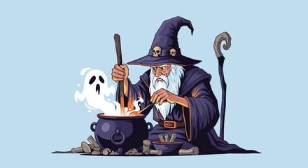 Obraz premium Powerful old wizard wearing a pointed hat stirring a bubbling potion in a large cauldron while a ghost rises up.