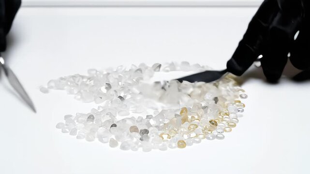 Jeweler in black gloves pouring and sorting raw diamonds and clear gemstones on a white surface using a metal spatula