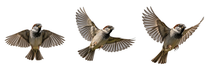 Set of three house sparrows flying in group isolated on white background © charline
