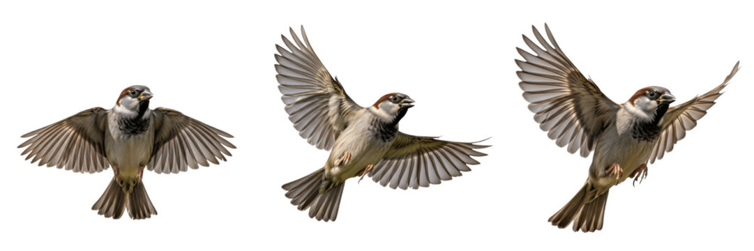 Set of three house sparrows flying in group isolated on white background