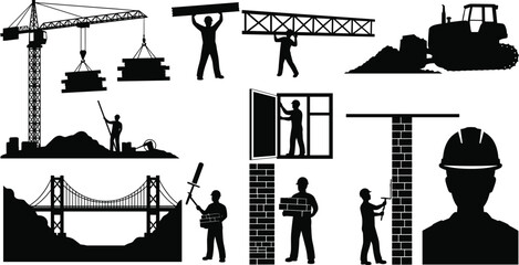 Obraz premium Construction worker silhouettes collection with tower crane lifting materials, builders carrying beams, bulldozer, bridge structure, window installer and masonry work 