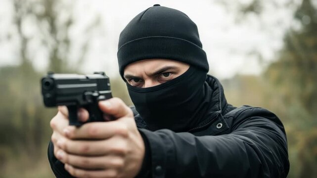 Man In Balaclava Holding Pistol Is Aiming It Standing Outside In Front Of Blurry Background Of Trees For Crime Suspense Related Topics