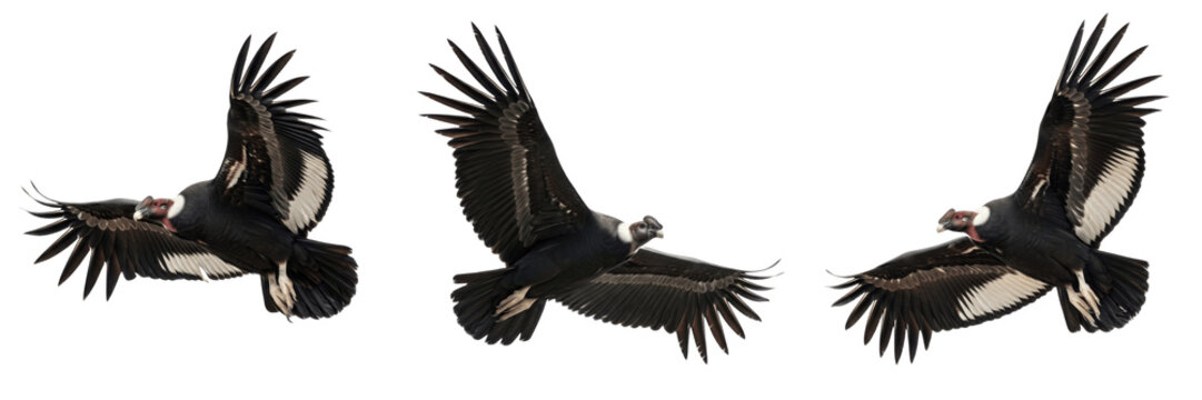 Set of three Andean condors flying in group isolated on white background