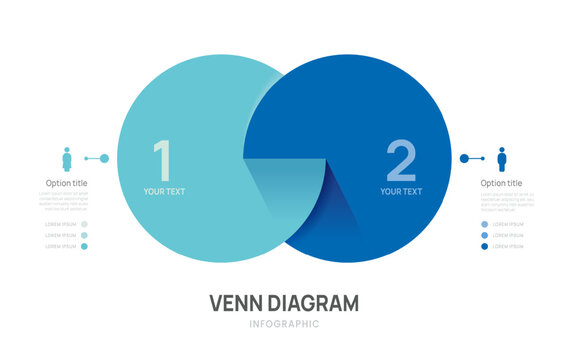 Venn diagram business infographic circle chart template 2 options, presentation with icons elements vector illustration.