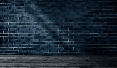 Empty Dark Blue Brick Wall Room with Black Wooden Floor and Soft Spotlight Effect, Industrial Style Interior Studio Backdrop for Product Presentation and Moody Stage Scene for Modern Display.