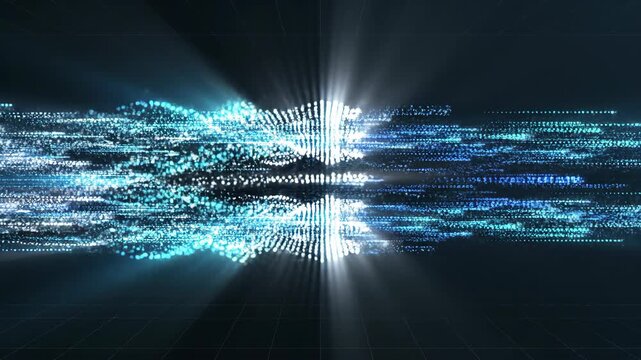 Blue digital data particles streaming across a dark grid background in a futuristic technology concept video.