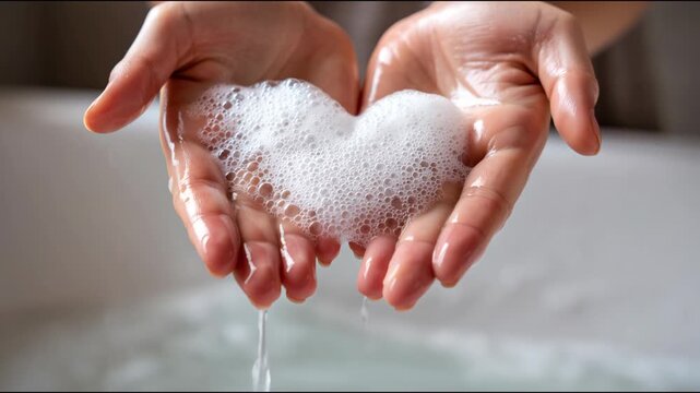 Close up of female hands holding soapy foam in the shape of a heart over a bathtub full of water