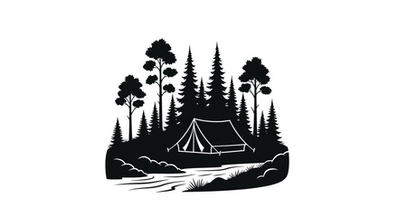 Camping scene with a tent by a river dark silhouette © MdGolam