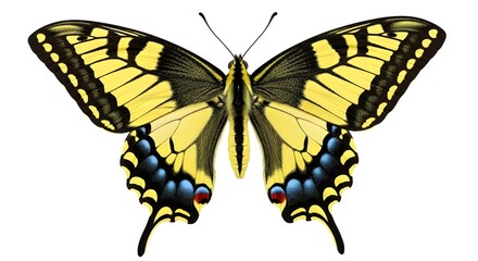 Fototapeta premium Vibrant yellow butterfly with black and blue accents spread wide