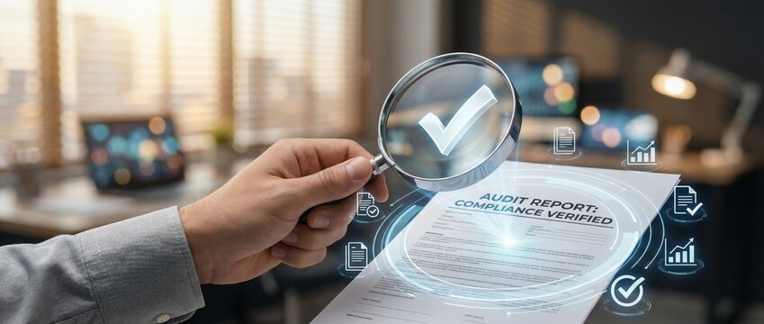 Conducting a comprehensive audit report for compliance verification in a modern office setting with advanced technology solutions and analytical insights