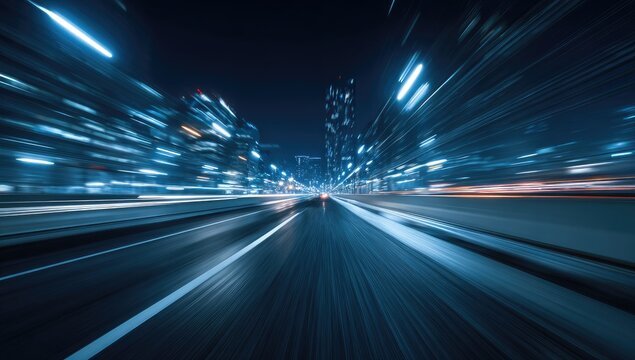 Motion blurred city street at night with streaks of light