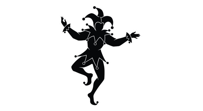 A dynamic black silhouette of a joyful jester in mid performance silhouette