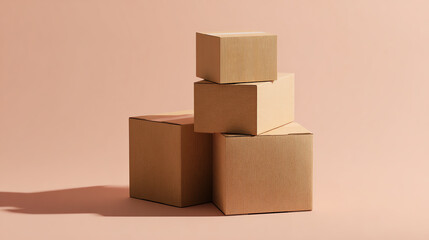 Obraz premium A collection of stacked cardboard boxes against a soft pastel background, perfect for shipping or storage concepts.