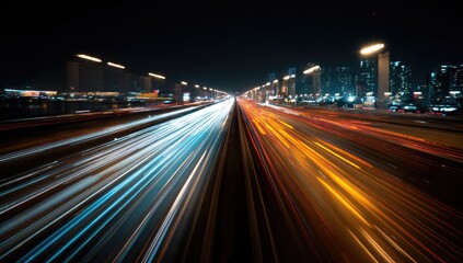 Fototapeta premium Streaking lights on a highway at night, city skyline in the distance