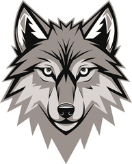 Fototapeta premium Minimalist wolf head mascot logo design in grey and white tones for esport team branding and athletic gear.