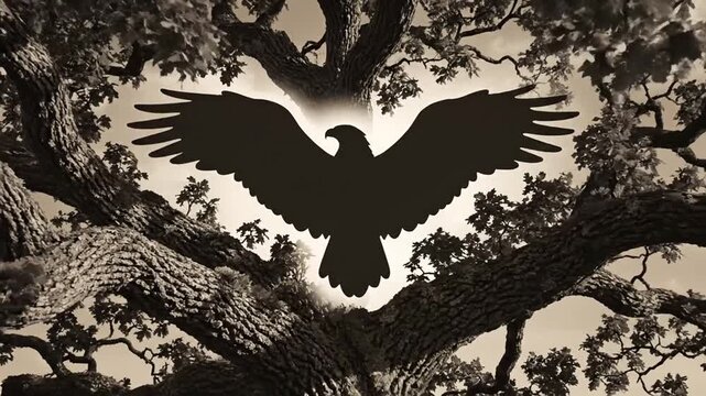 Eagle silhouette in majestic oak tree
