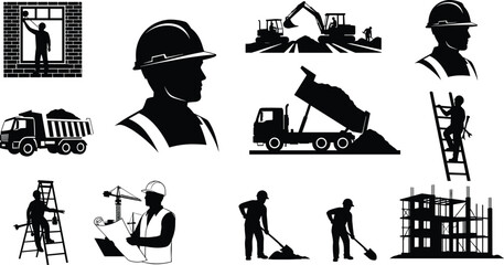 Construction worker silhouettes set featuring builder, engineer, excavator, dump truck, ladder worker, blueprint planning and building framework icons for industrial development  © urmilarani
