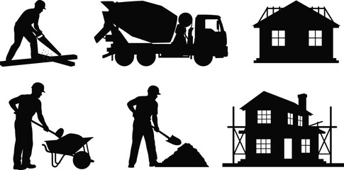 Construction worker silhouettes with cement mixer truck, house building, wheelbarrow, shovel and wood cutting representing building construction, engineering work  © urmilarani