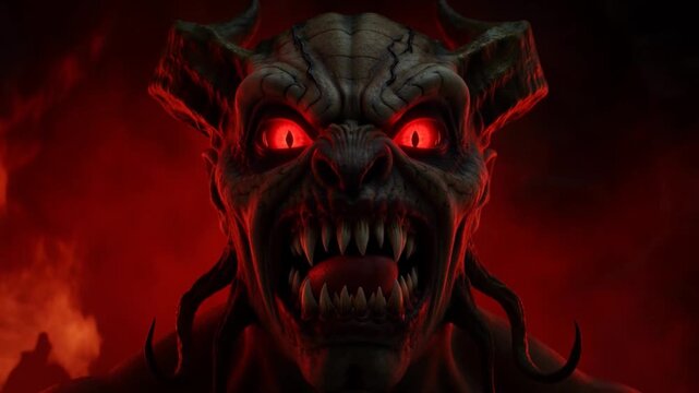 A close-up portrait of a menacing fantasy creature with glowing red eyes and sharp teeth against a dark ominous background with fiery tones suitable for horror themes.